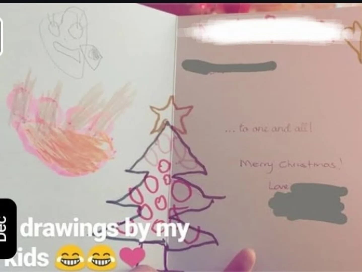 A child's drawing on a handmade card